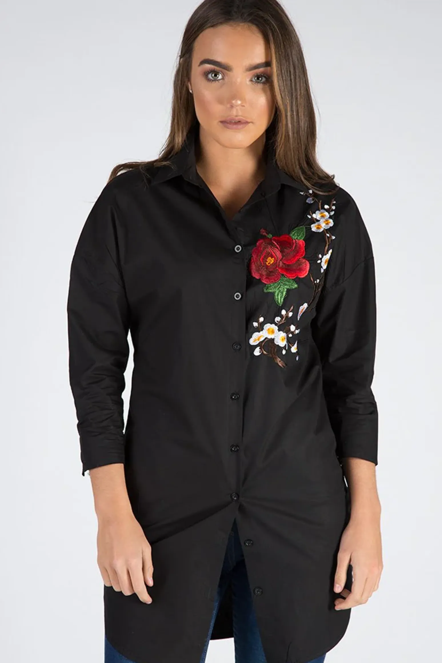 Rebellious Fashion Black Embroidered Oversized Shirt - Kate