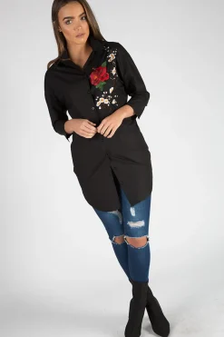 Rebellious Fashion Black Embroidered Oversized Shirt - Kate