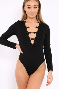 Rebellious Fashion Black Embroidered Print Bodysuit - Addilee