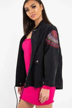 Rebellious Fashion Black Embroidered Sequin Parka Denim Jacket - Laicee