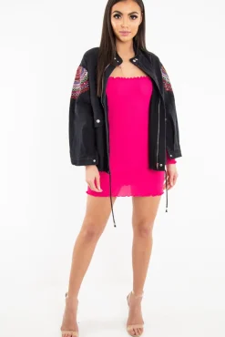 Rebellious Fashion Black Embroidered Sequin Parka Denim Jacket - Laicee