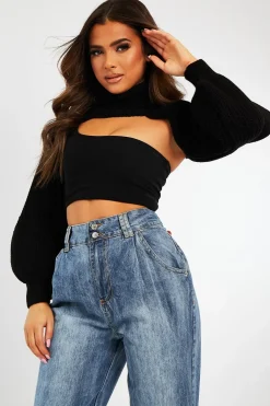Rebellious Fashion Black Extreme Cut Out High Neck Jumper - Nihara