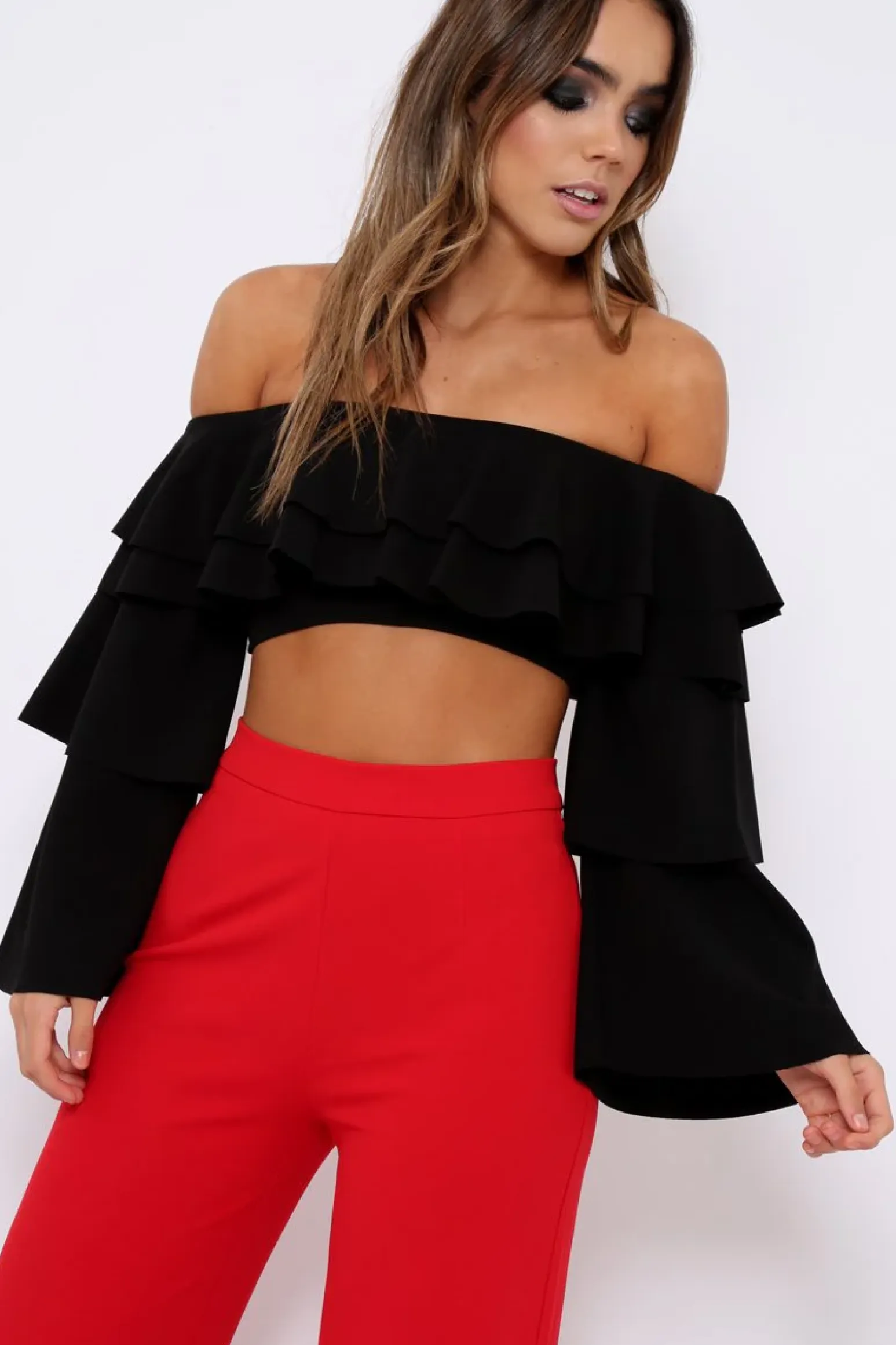 Rebellious Fashion Black extreme Layered Frill Bardot Crop Top - Nevaeh