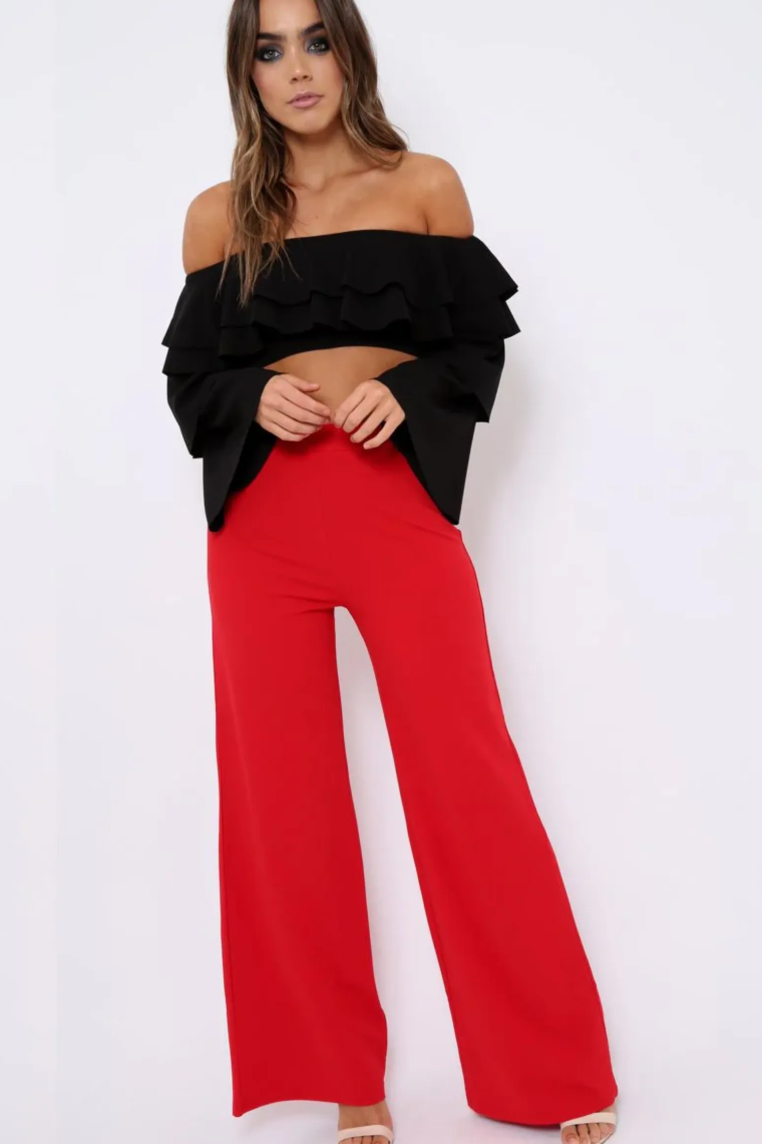 Rebellious Fashion Black extreme Layered Frill Bardot Crop Top - Nevaeh