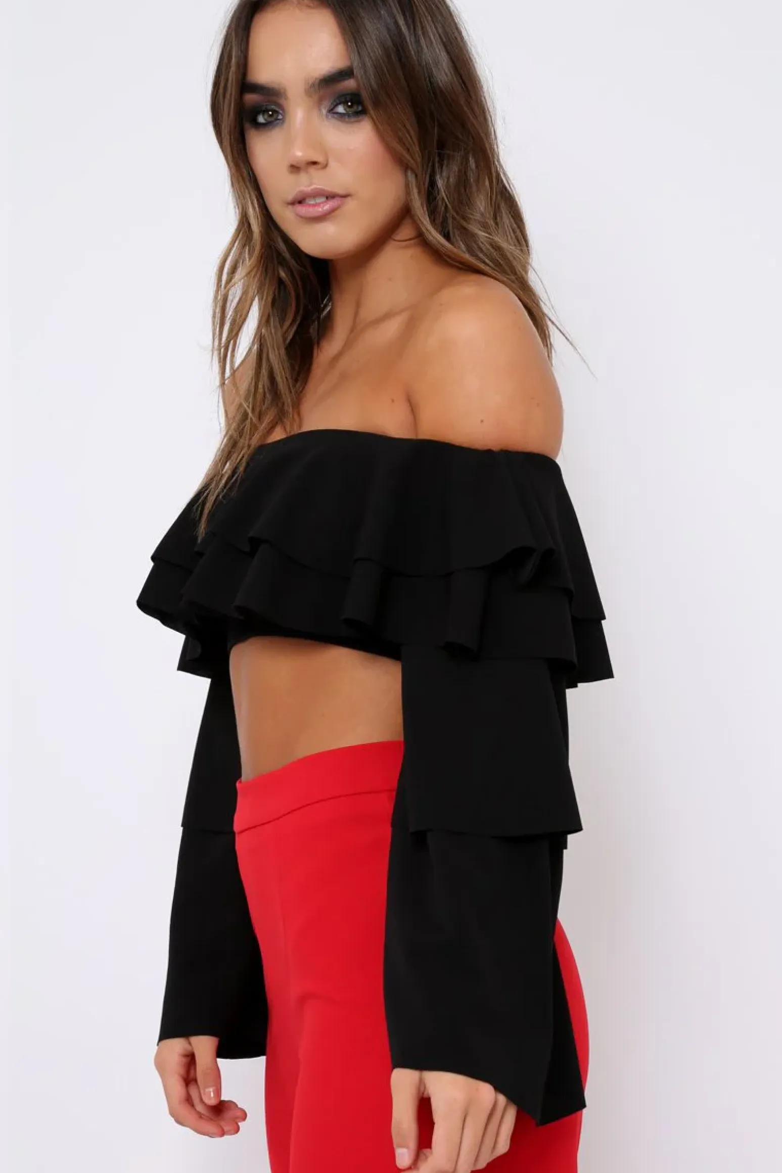 Rebellious Fashion Black extreme Layered Frill Bardot Crop Top - Nevaeh