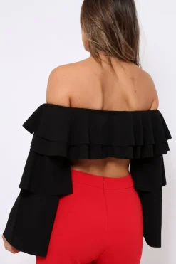 Rebellious Fashion Black extreme Layered Frill Bardot Crop Top - Nevaeh