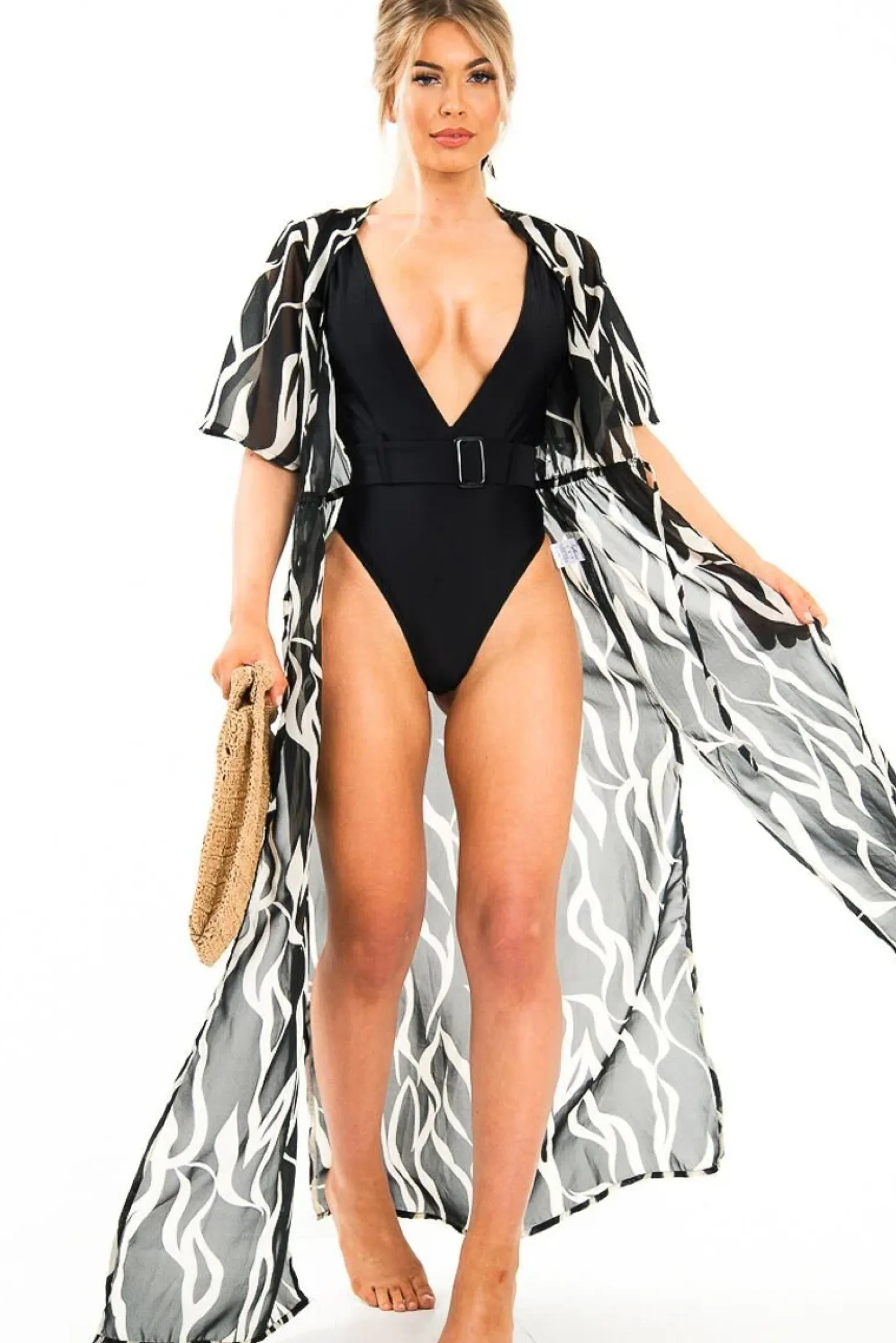Rebellious Fashion Black Extreme Plunge Belted Swimsuit - Elvi