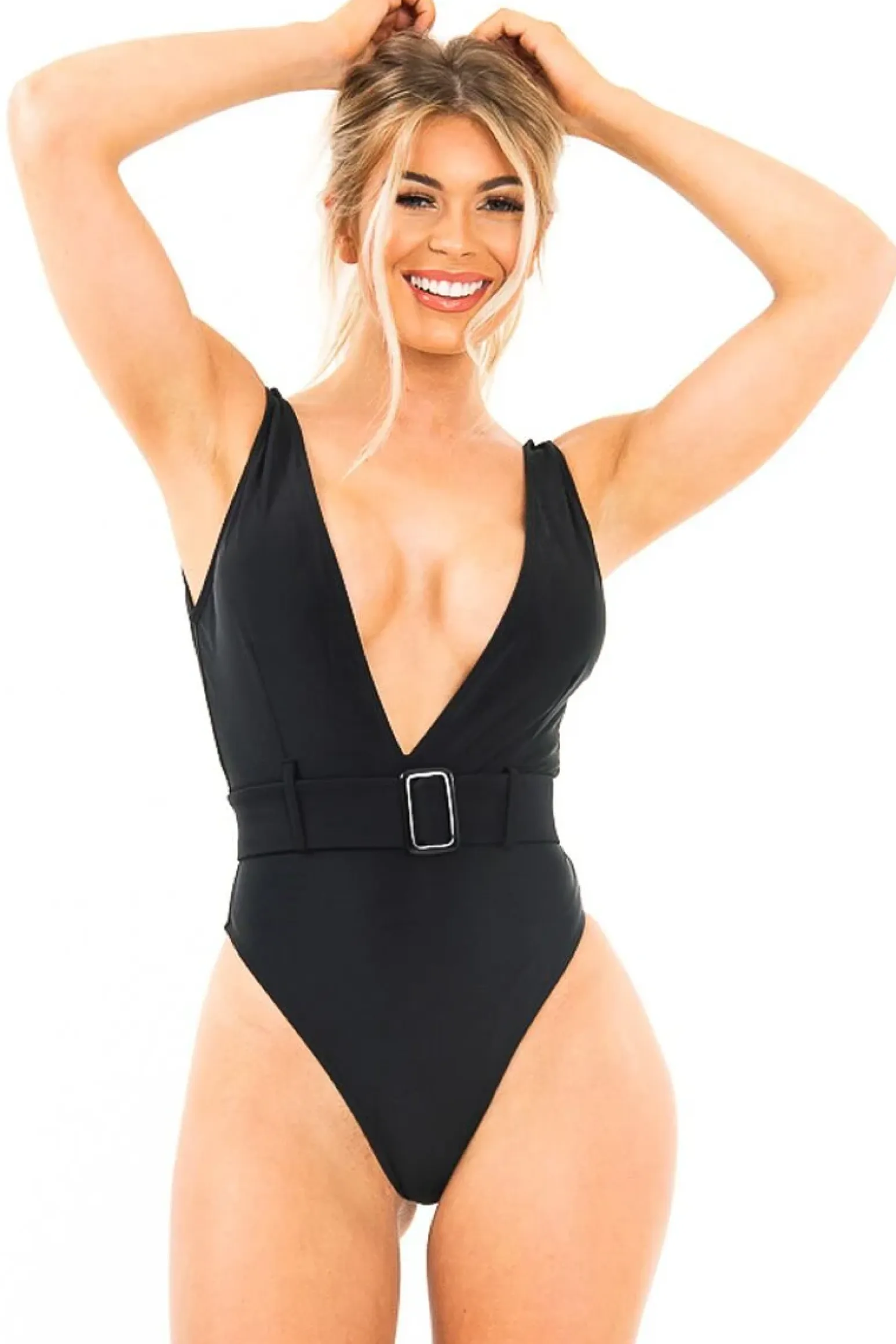 Rebellious Fashion Black Extreme Plunge Belted Swimsuit - Elvi