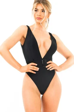 Rebellious Fashion Black Extreme Plunge Belted Swimsuit - Elvi