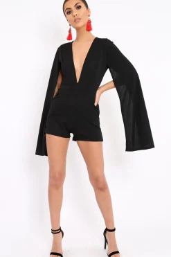 Rebellious Fashion Black Extreme Plunge Cape Playsuit - Haylo