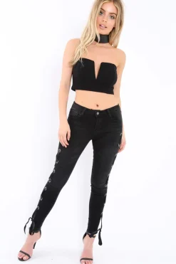 Rebellious Fashion Black Eyelet Lace Detail Skinny Jeans - Isobel