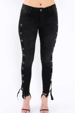 Rebellious Fashion Black Eyelet Lace Detail Skinny Jeans - Isobel