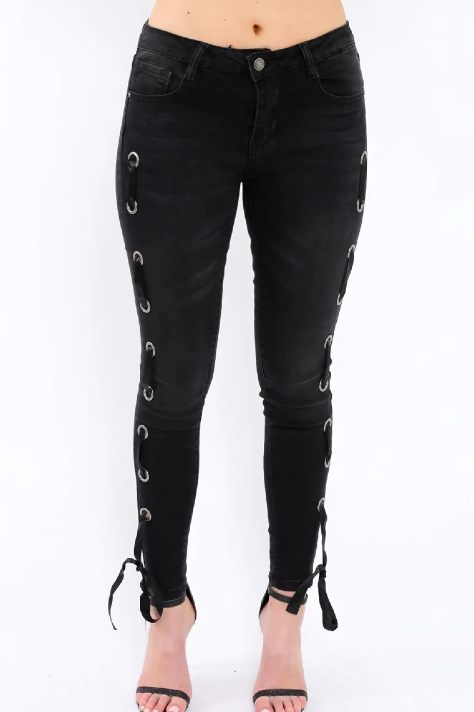 Rebellious Fashion Black Eyelet Lace Detail Skinny Jeans - Isobel