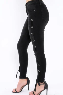 Rebellious Fashion Black Eyelet Lace Detail Skinny Jeans - Isobel