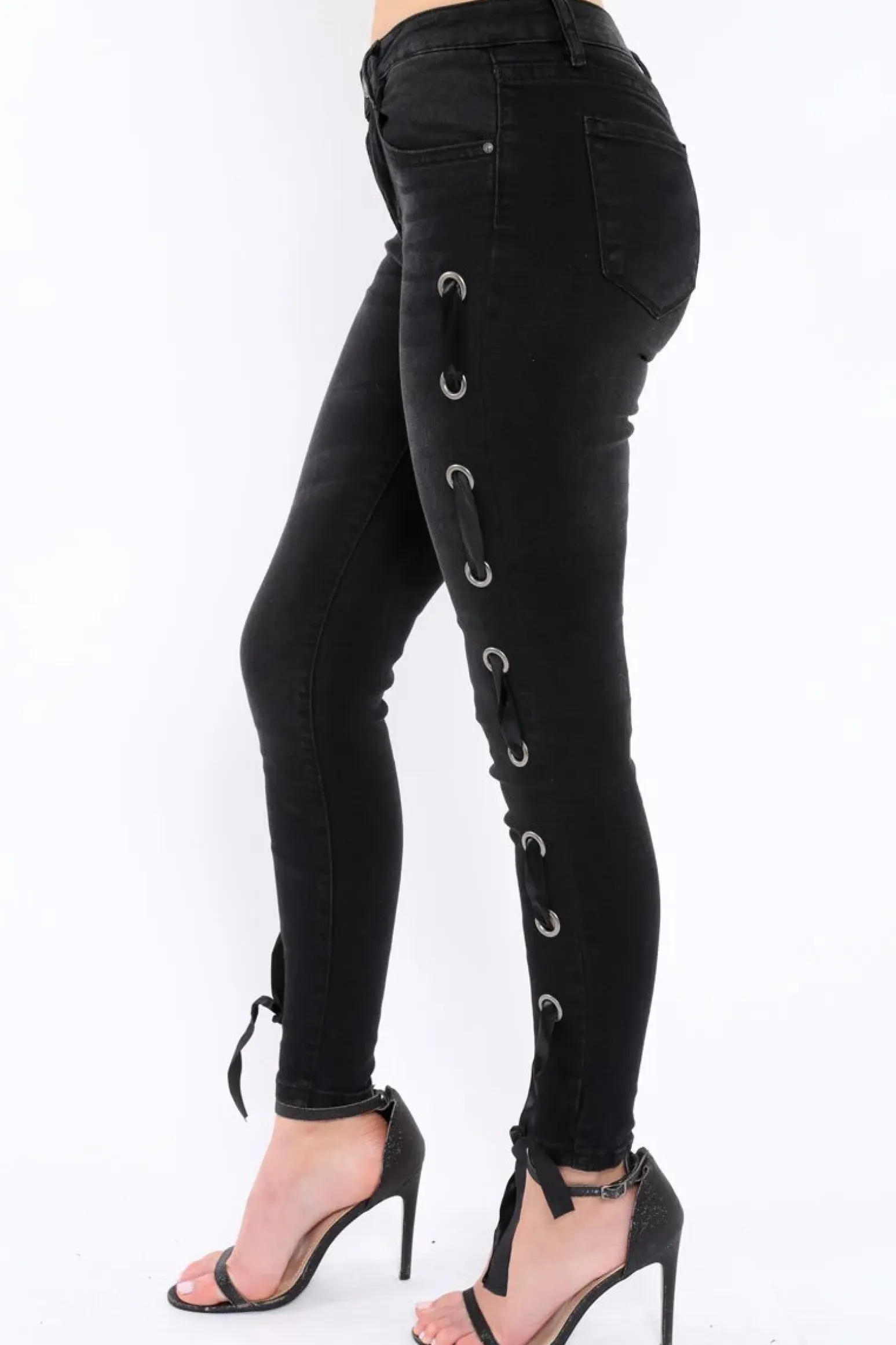 Rebellious Fashion Black Eyelet Lace Detail Skinny Jeans - Isobel