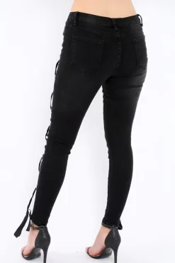 Rebellious Fashion Black Eyelet Lace Detail Skinny Jeans - Isobel