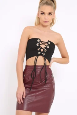 Rebellious Fashion Black Eyelet Lace Up Bandeau Crop Top - Jolene