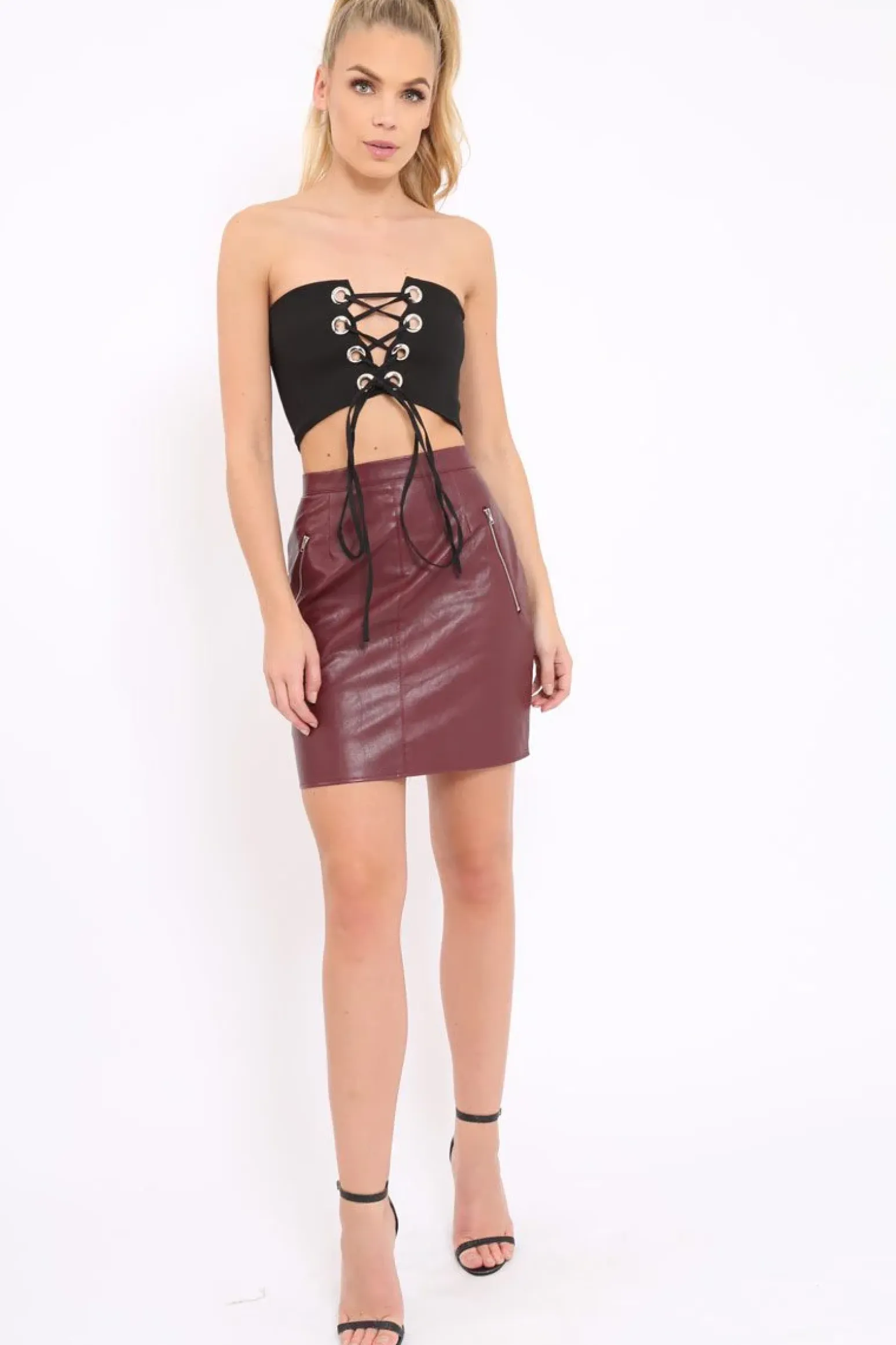 Rebellious Fashion Black Eyelet Lace Up Bandeau Crop Top - Jolene
