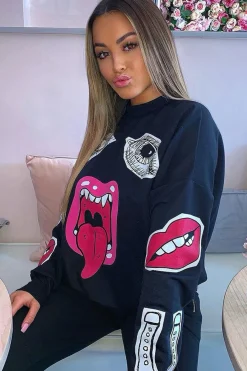 Rebellious Fashion Black Eyes Lips Printed Sweatshirt - Beckie