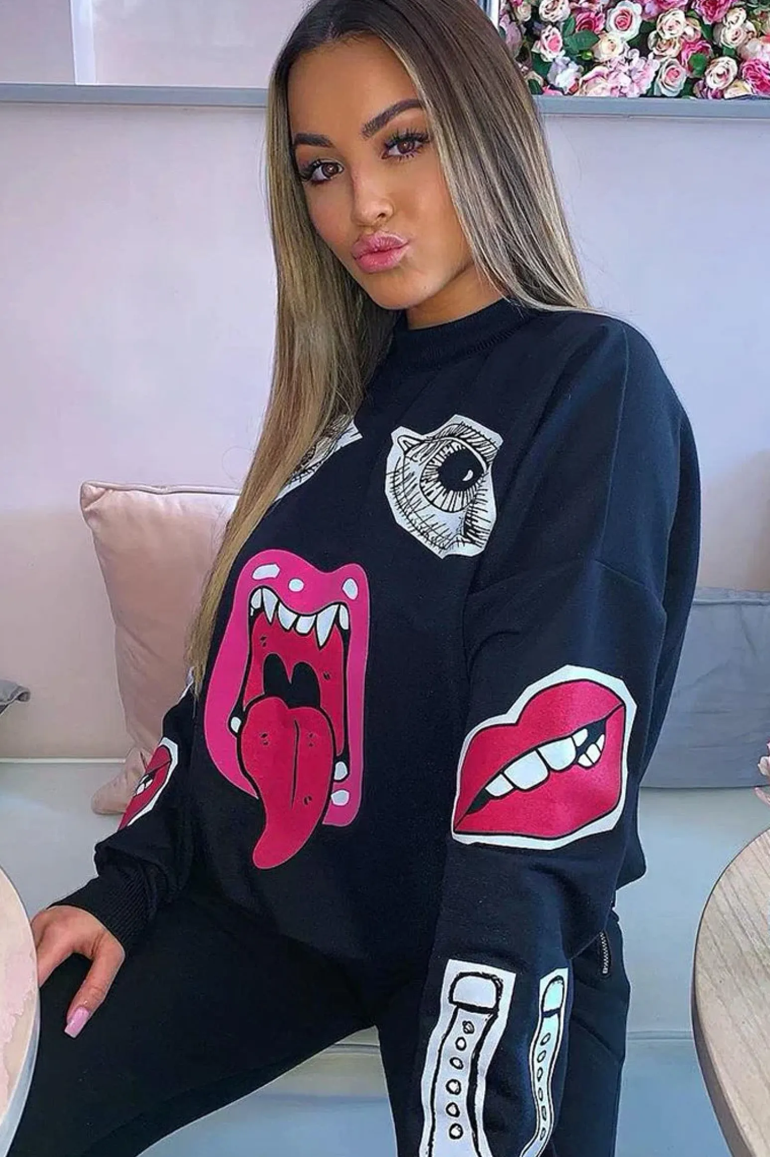 Rebellious Fashion Black Eyes Lips Printed Sweatshirt - Beckie