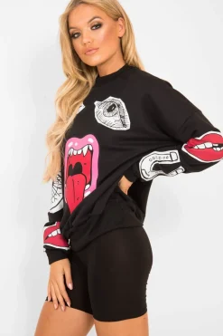Rebellious Fashion Black Eyes Lips Printed Sweatshirt - Beckie