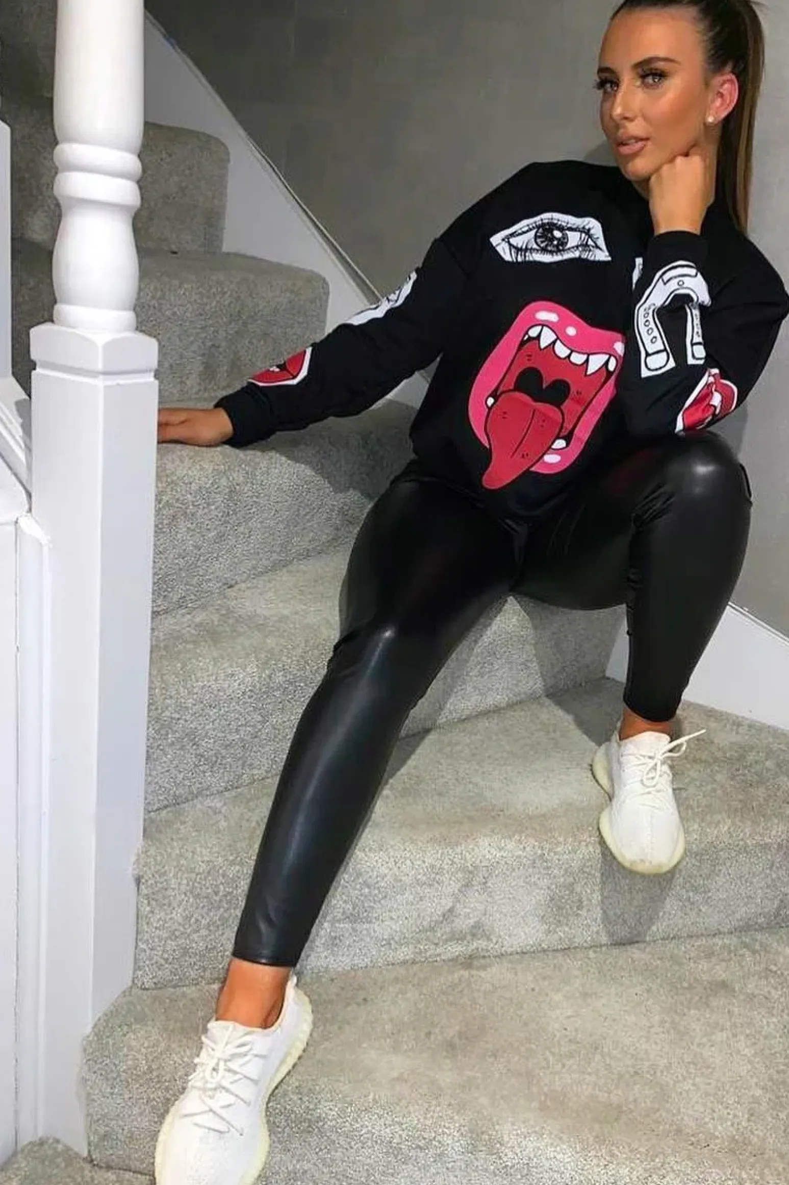 Rebellious Fashion Black Eyes Lips Printed Sweatshirt - Beckie