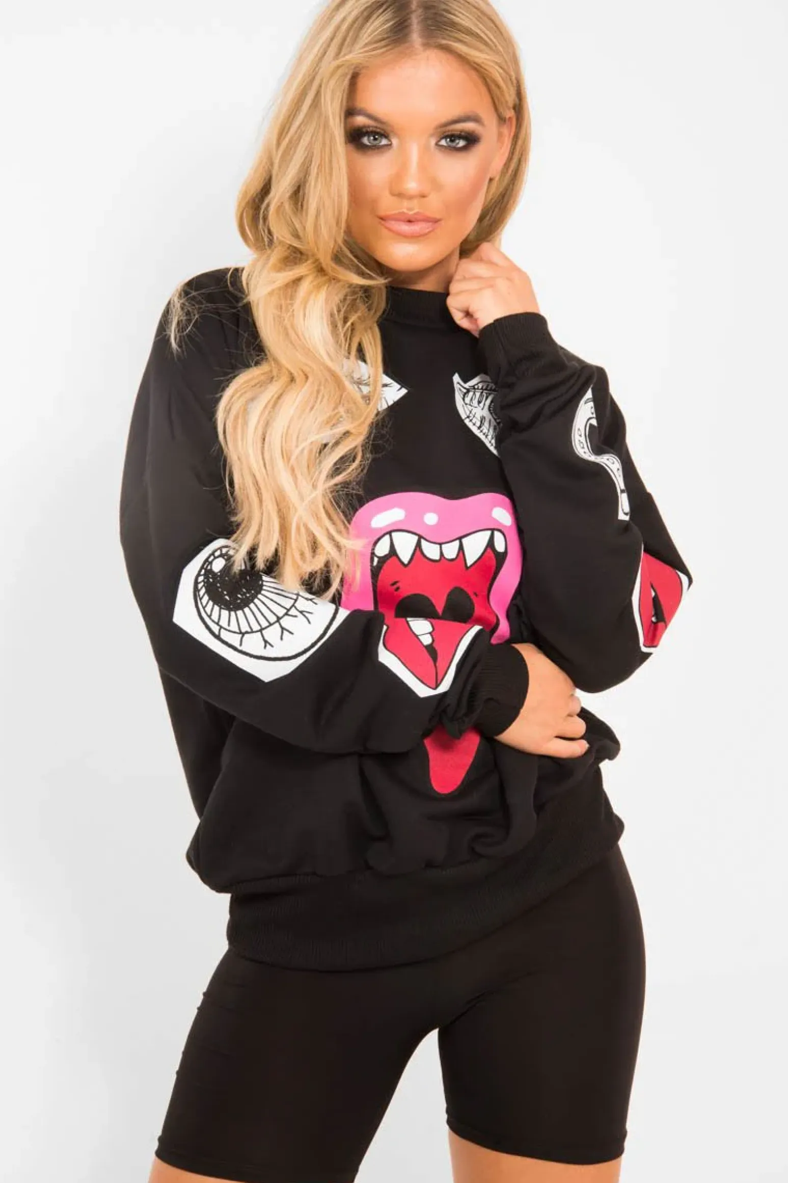 Rebellious Fashion Black Eyes Lips Printed Sweatshirt - Beckie