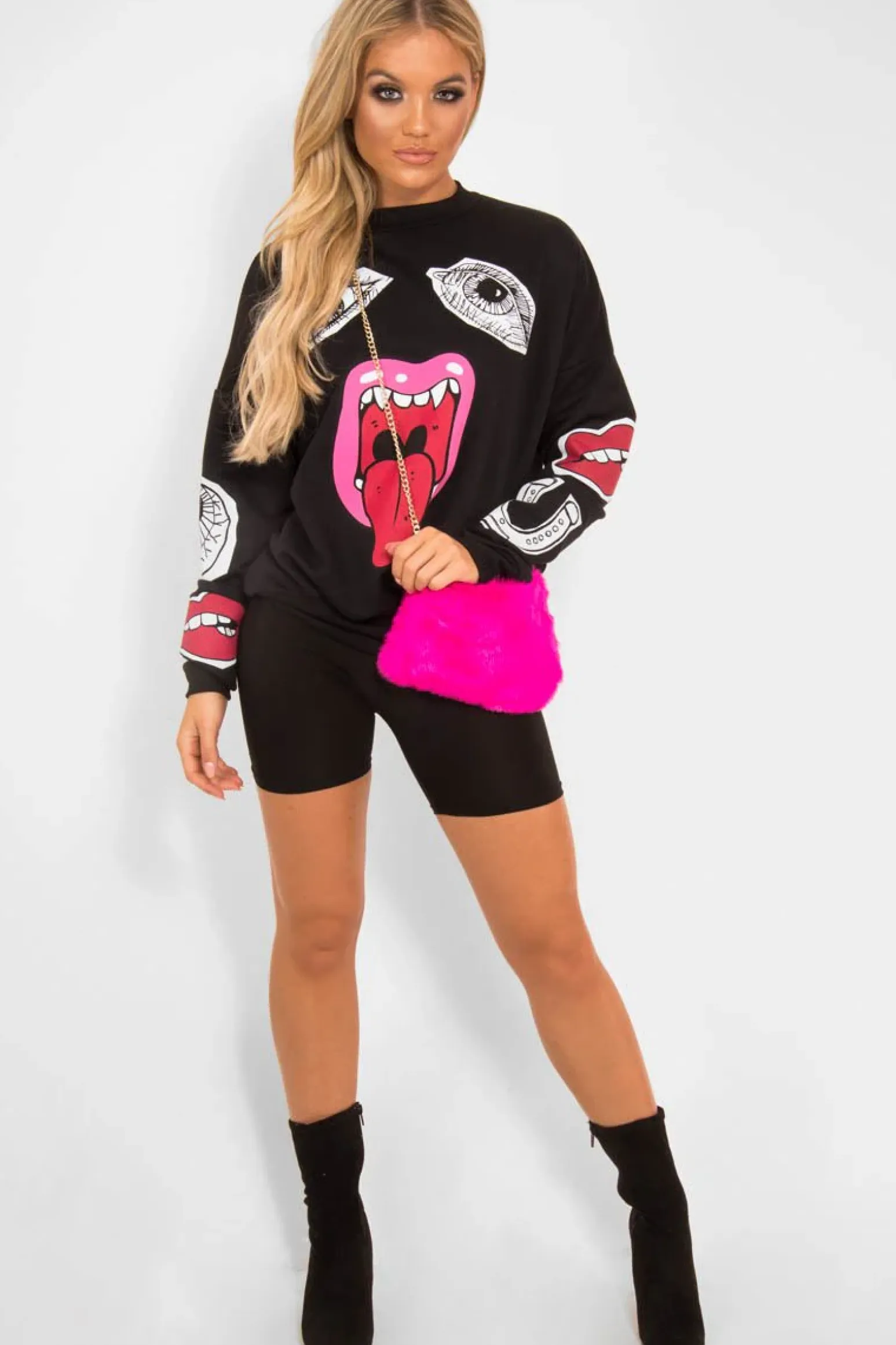 Rebellious Fashion Black Eyes Lips Printed Sweatshirt - Beckie