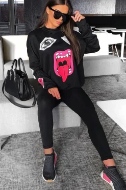 Rebellious Fashion Black Eyes Lips Printed Sweatshirt - Beckie