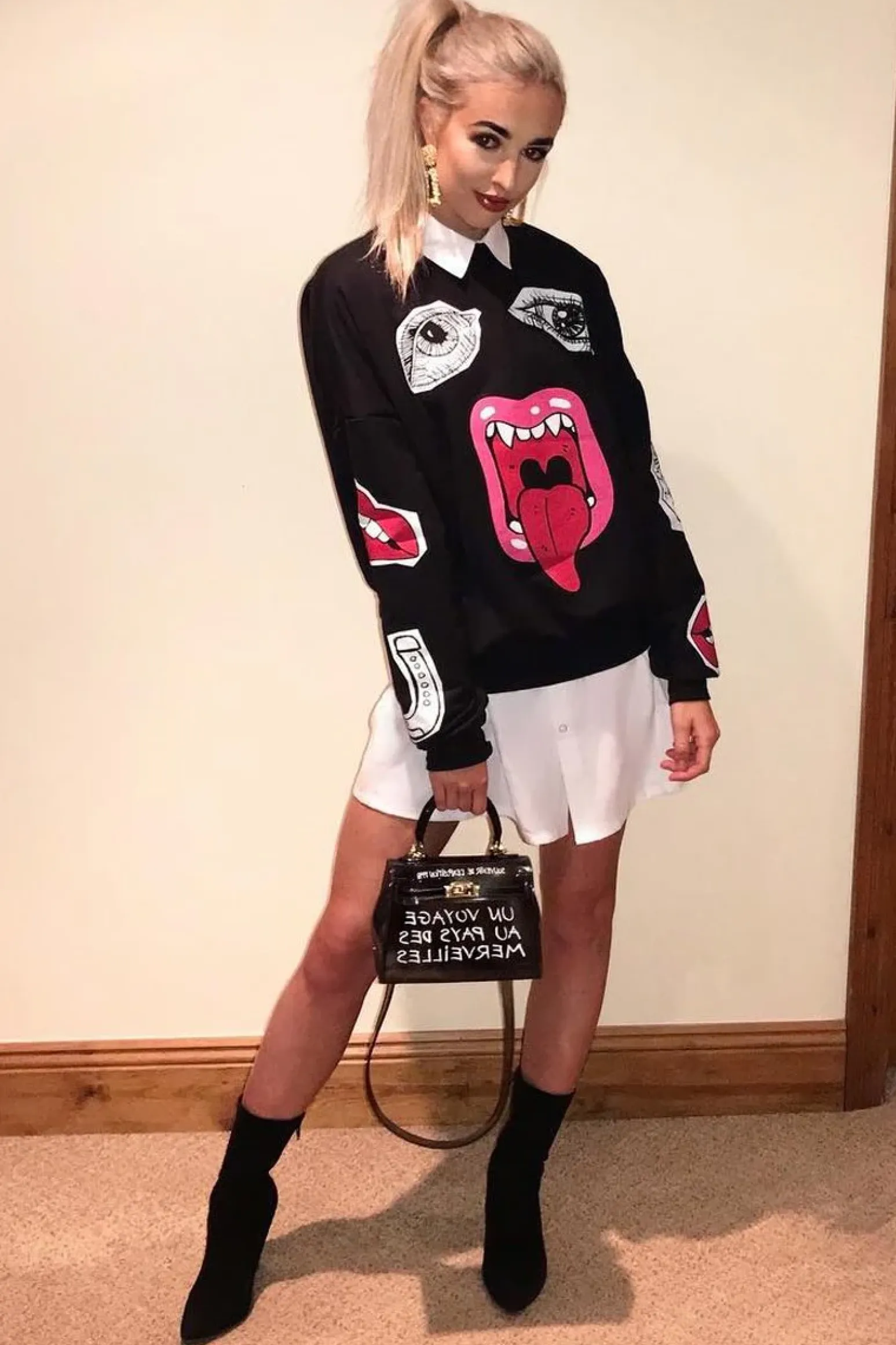 Rebellious Fashion Black Eyes Lips Printed Sweatshirt - Beckie
