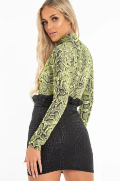 Rebellious Fashion Black Faux Croc Ruffle Waist Belted Skirt - Susie