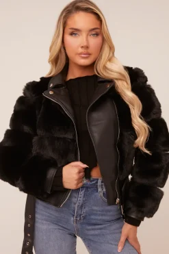 Rebellious Fashion Black Faux Fur Biker Jacket - Chelsey