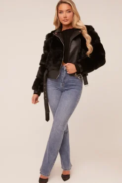 Rebellious Fashion Black Faux Fur Biker Jacket - Chelsey