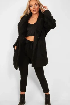 Rebellious Fashion Black Faux Fur Button Front Teddy Coat - Aamna