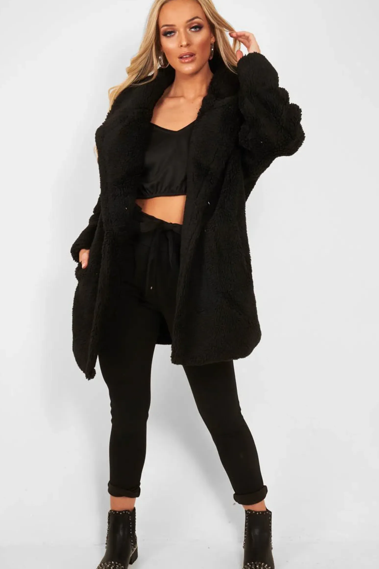 Rebellious Fashion Black Faux Fur Button Front Teddy Coat - Aamna