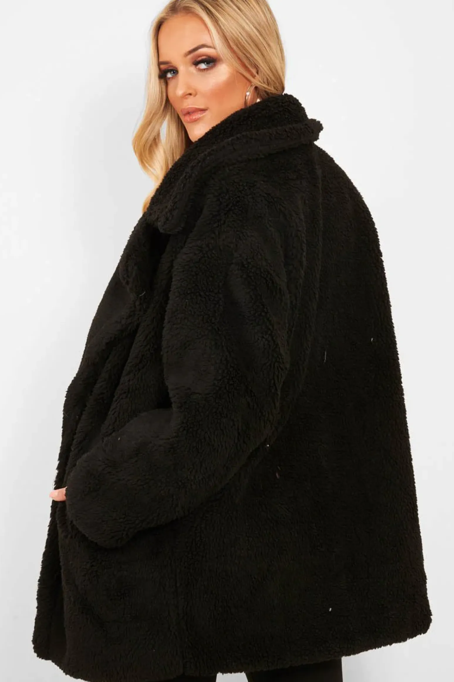 Rebellious Fashion Black Faux Fur Button Front Teddy Coat - Aamna