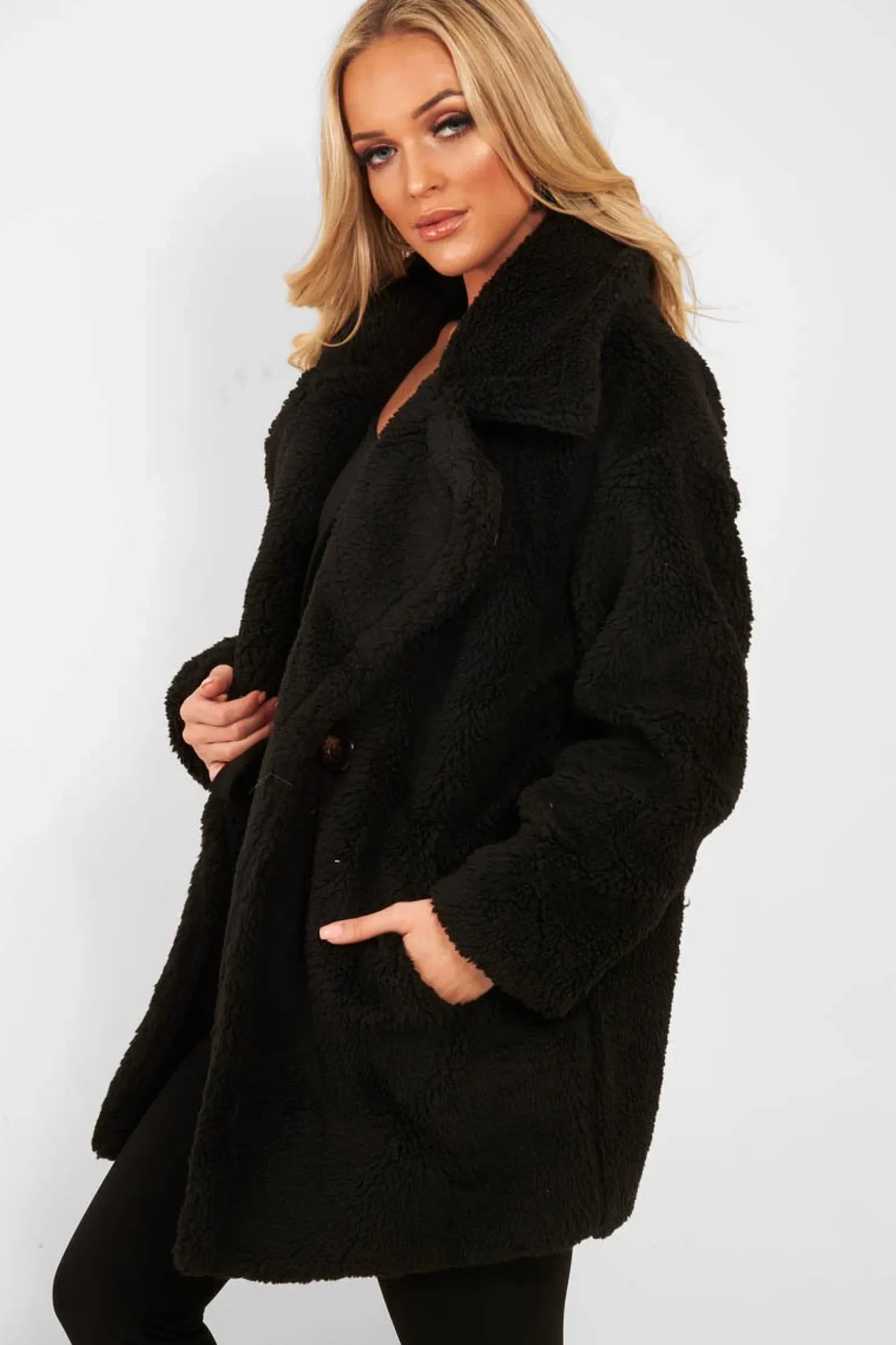 Rebellious Fashion Black Faux Fur Button Front Teddy Coat - Aamna