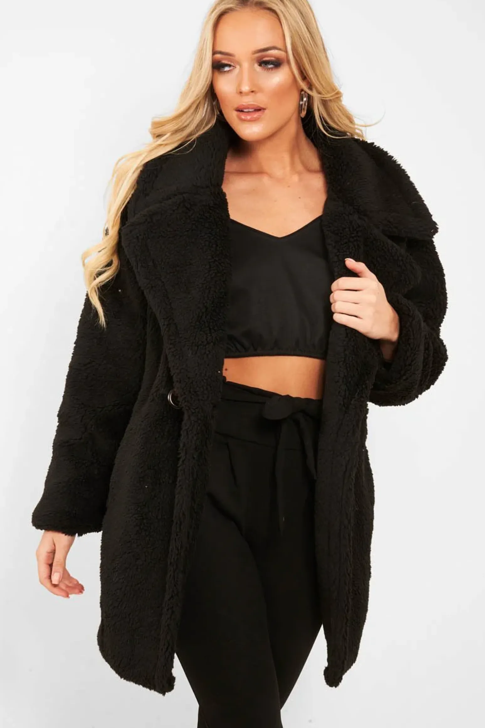 Rebellious Fashion Black Faux Fur Button Front Teddy Coat - Aamna