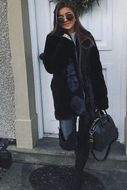 Rebellious Fashion Black Faux Fur Coat - Kinleigh