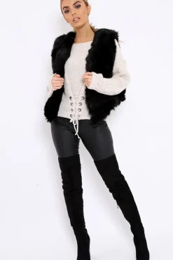 Rebellious Fashion Black Faux Fur Cropped Gilet - Nadia