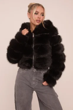 Rebellious Fashion Black Faux Fur Hooded Cropped Coat - Adriel
