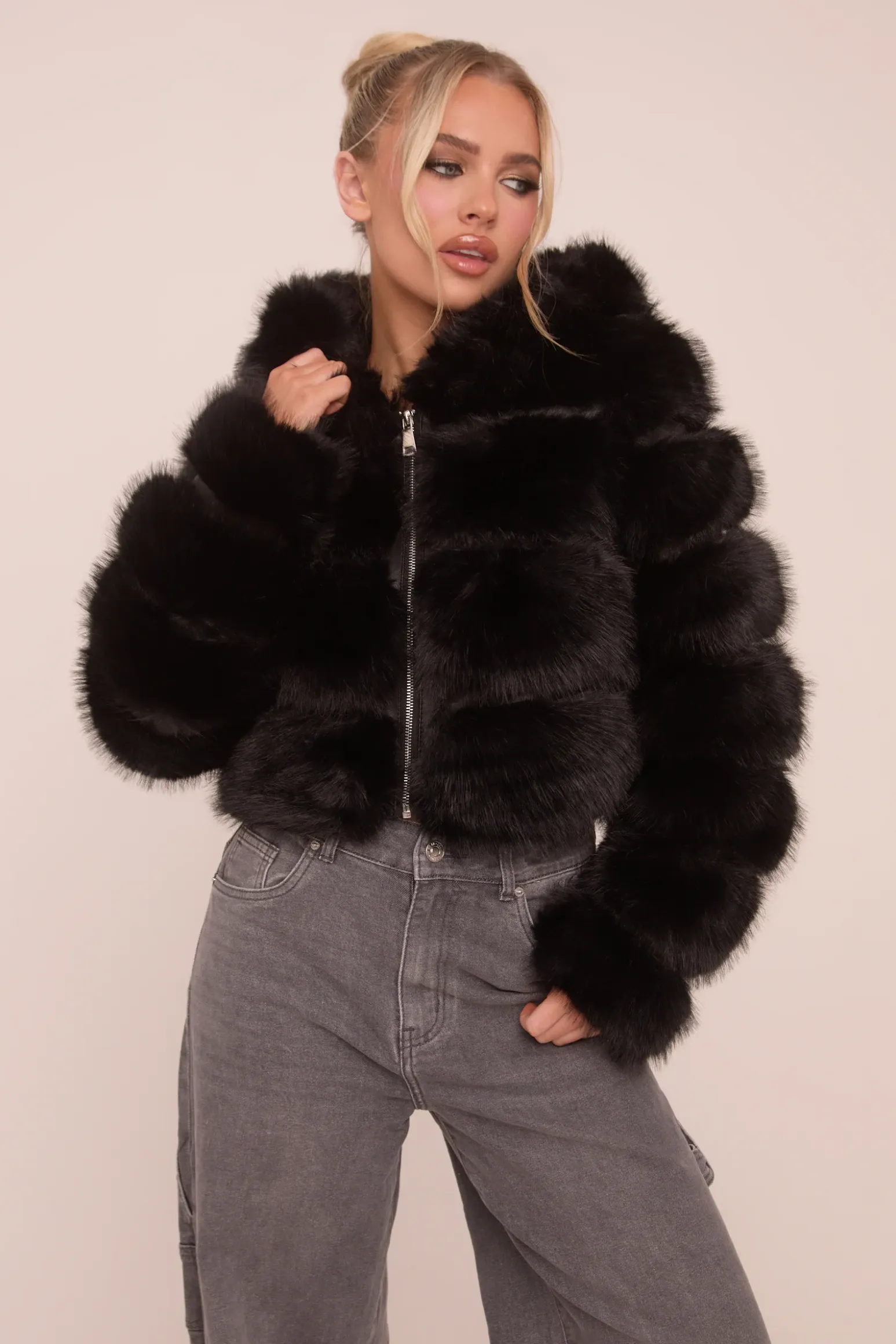 Rebellious Fashion Black Faux Fur Hooded Cropped Coat - Adriel