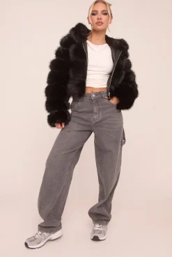 Rebellious Fashion Black Faux Fur Hooded Cropped Coat - Adriel