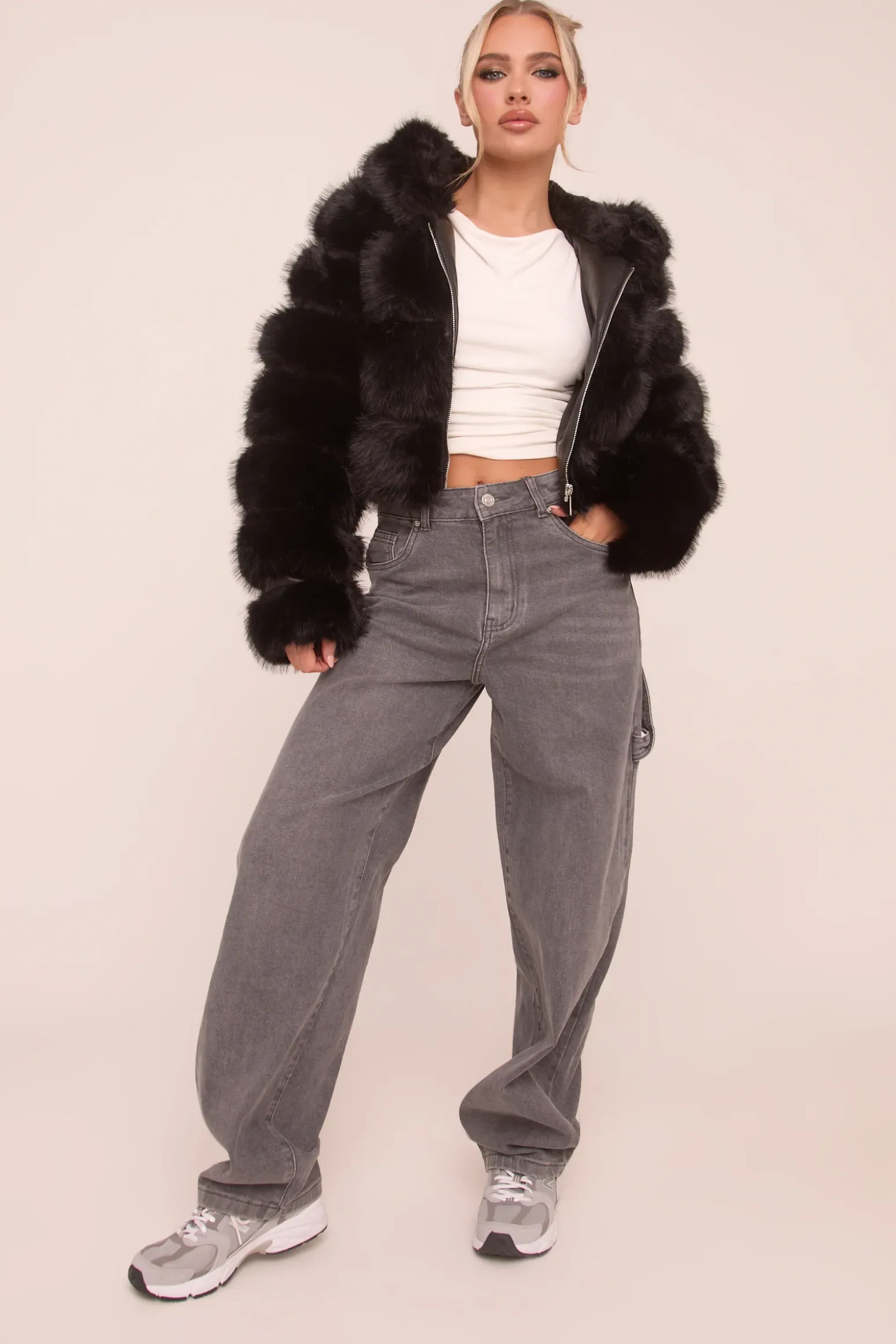 Rebellious Fashion Black Faux Fur Hooded Cropped Coat - Adriel