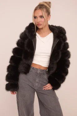 Rebellious Fashion Black Faux Fur Hooded Cropped Coat - Adriel