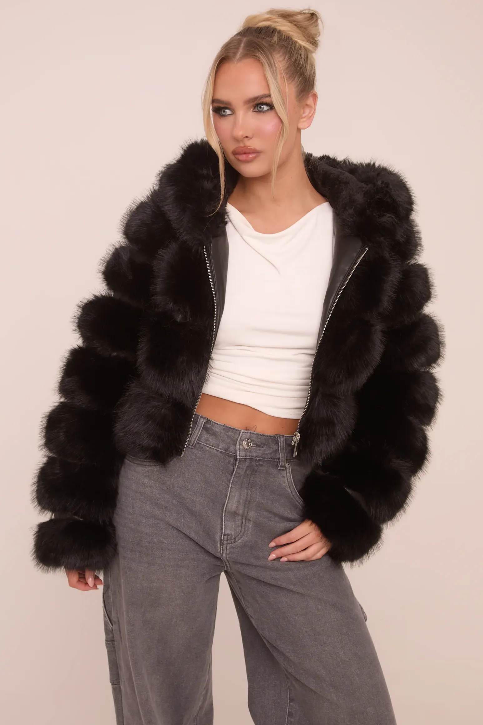 Rebellious Fashion Black Faux Fur Hooded Cropped Coat - Adriel