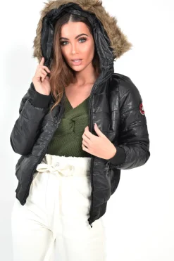 Rebellious Fashion Black Faux Fur Hooded Puffer Coat - Kamorah