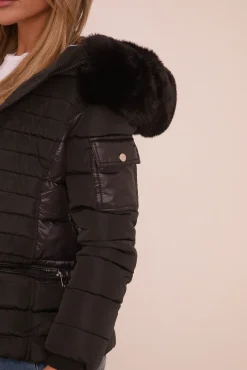 Rebellious Fashion Black Faux Fur Hooded Puffer Jacket - Glory