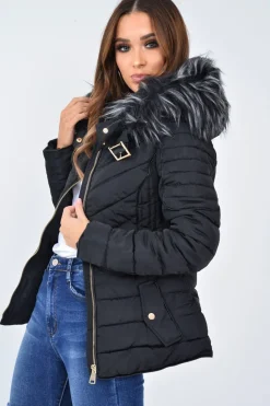 Rebellious Fashion Black Faux Fur Hood Gold Detail Puffer Coat - Rylah