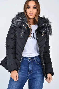 Rebellious Fashion Black Faux Fur Hood Gold Detail Puffer Coat - Rylah